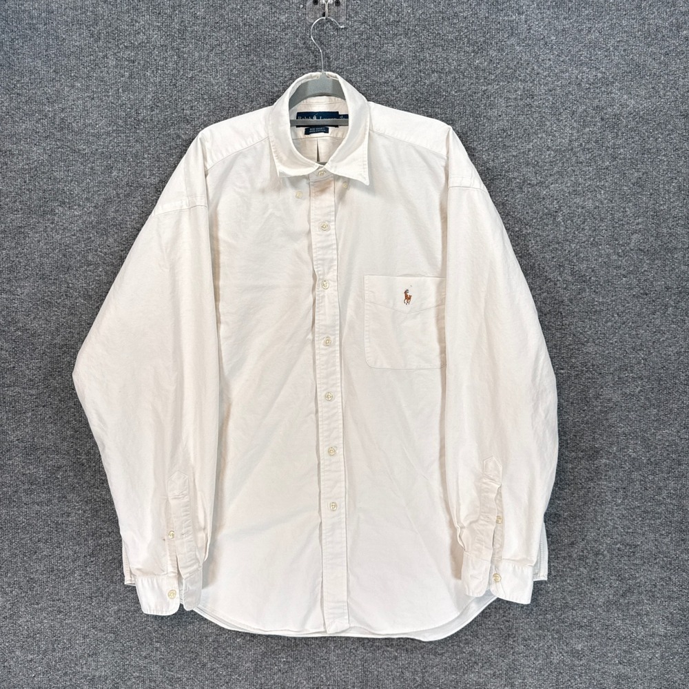 Ralph Lauren Big Shirt Mens Large White Cotton Button Up Long Sleeve Flesh Pony